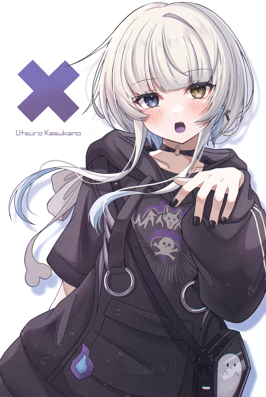 1girl, :d, absurdres, anku, asymmetrical_sleeves, bag, black_choker, black_hoodie, black_nails, blue_eyes, blue_hair, blunt_bangs, blush, character_name, choker, colored_inner_hair, colored_tongue, cross, cross_earrings, earrings, fang, highres, hitodama, hood, hoodie, jewelry, kasukano_uturo, long_sleeves, looking_at_viewer, multicolored_hair, neo-porte, o-ring, o-ring_choker, open_mouth, print_hoodie, purple_tongue, short_hair_with_long_locks, smile, solo, virtual_youtuber, white_background, white_hair, yellow_eyes