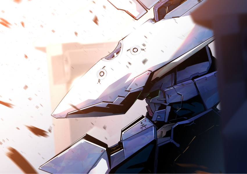advance_of_zeta, armor, blurry, commentary_request, debris, depth_of_field, from_side, gundam