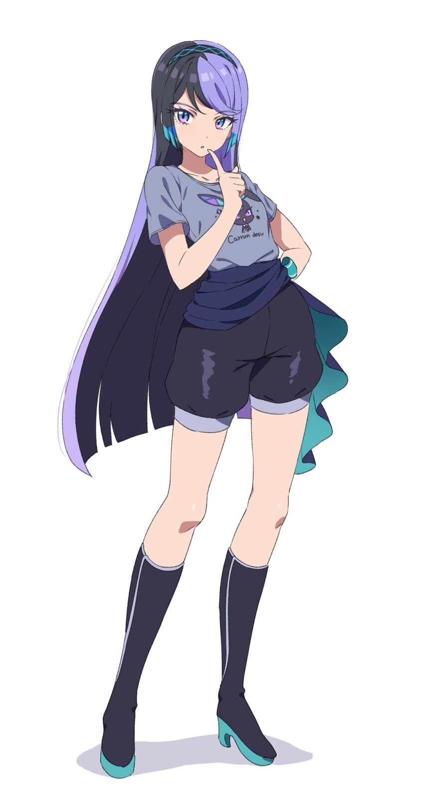 1girl, alternate_costume, black_boots, black_hair, black_hairband, black_shorts, blunt_ends, boots