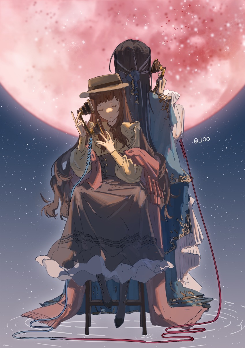 1boy, 1girl, absurdres, antique_phone, back-to-back, black_hair, blue_jacket, boots