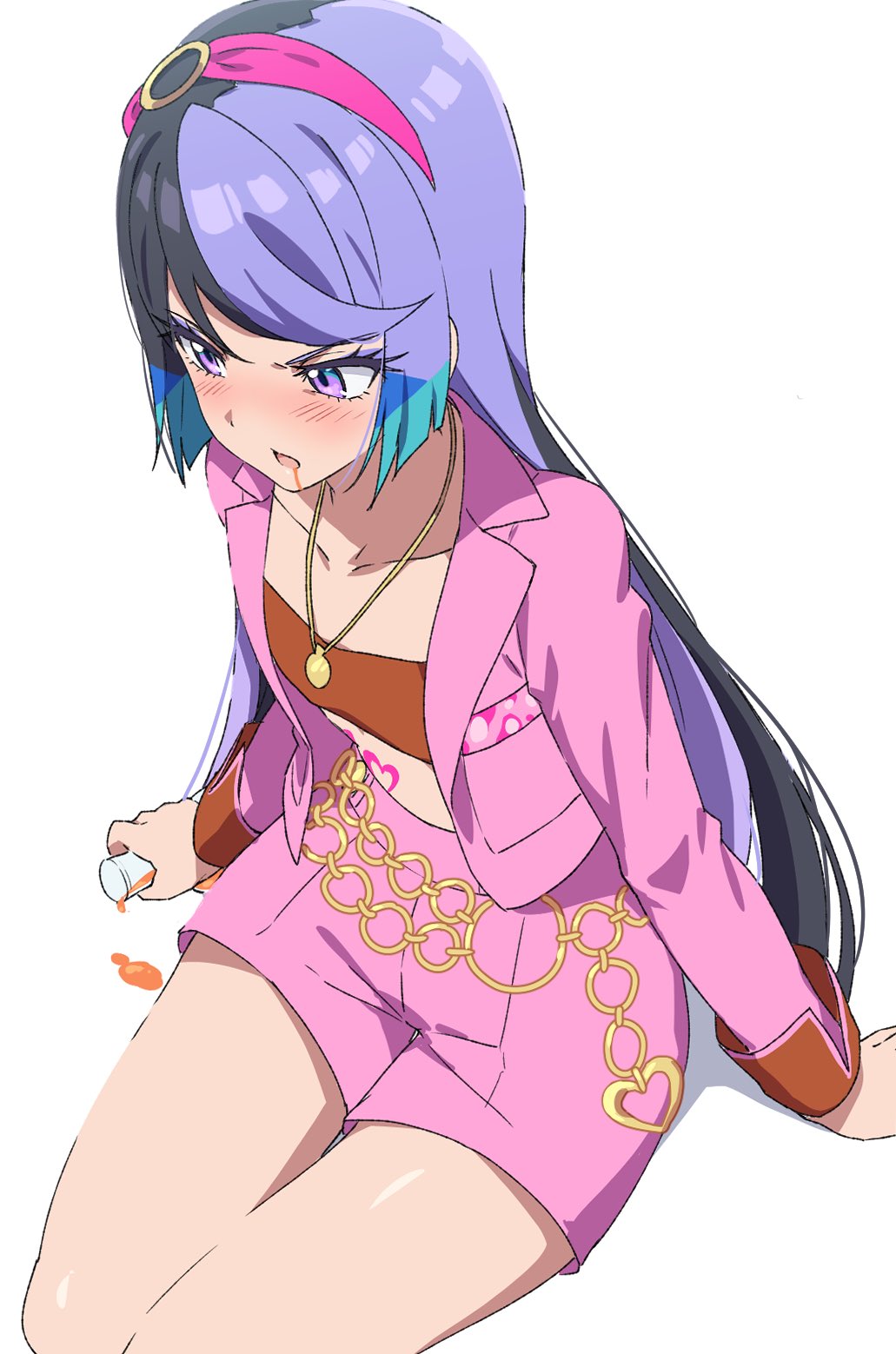 1girl, black_hair, blush, carron_(pretty_series), chain, commentary_request, crop_top, cup