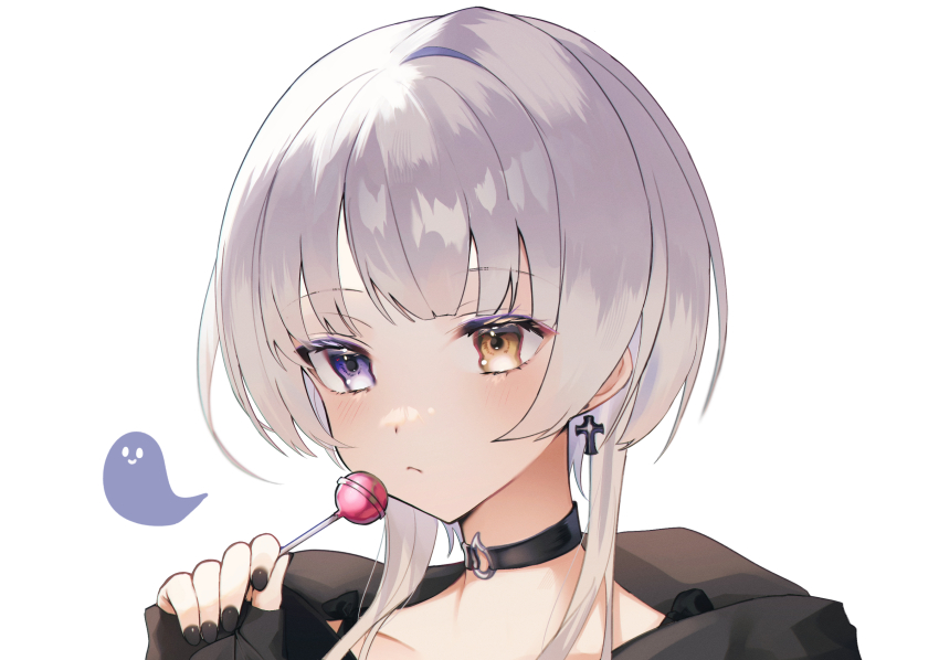 1girl, black_choker, black_hoodie, black_nails, candy, choker, colored_inner_hair, cross