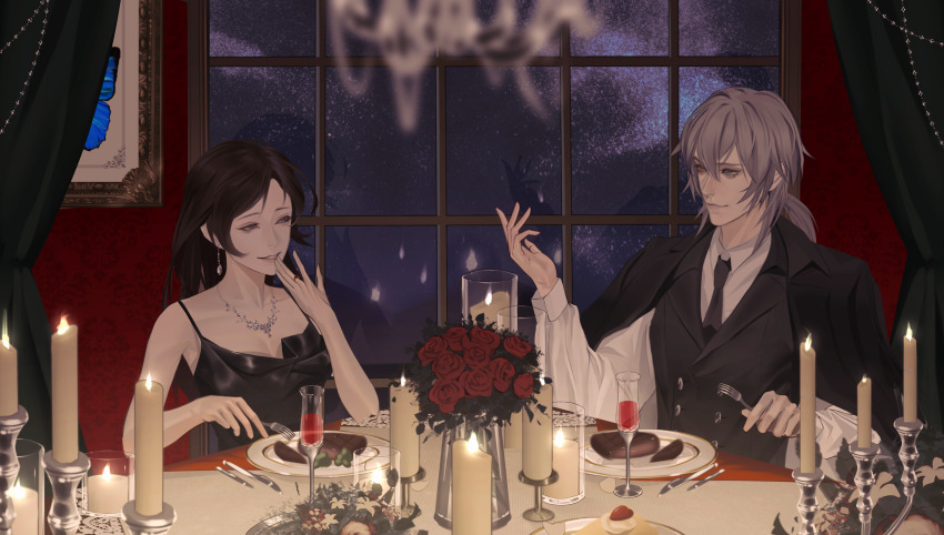 1boy, 1girl, absurdres, alcohol, alternate_costume, artist_self-insert, bare_arms, black_dress