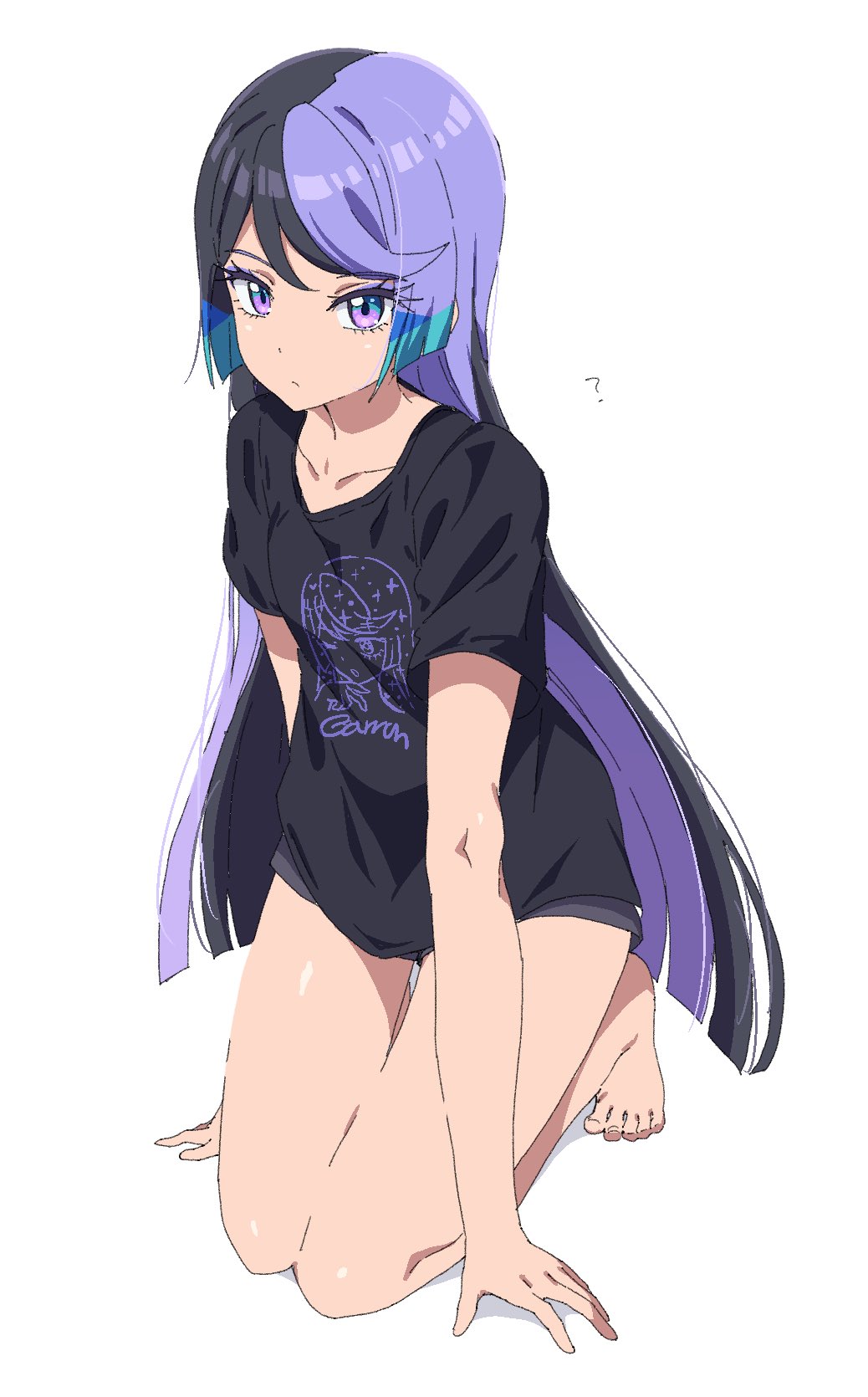 1girl, ?, arm_support, barefoot, black_hair, black_shirt, blue_hair, blunt_ends