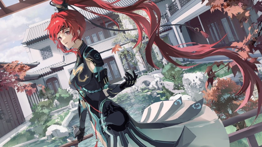 1girl, absurdres, architecture, arm_armor, autumn_leaves, black_bodysuit, black_gloves, black_headband