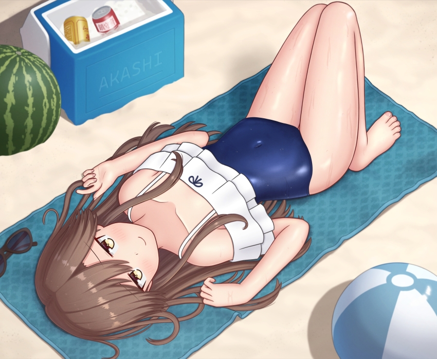 1girl, alternate_costume, arashio_(kancolle), ball, beach, beach_towel, beach_umbrella, beachball
