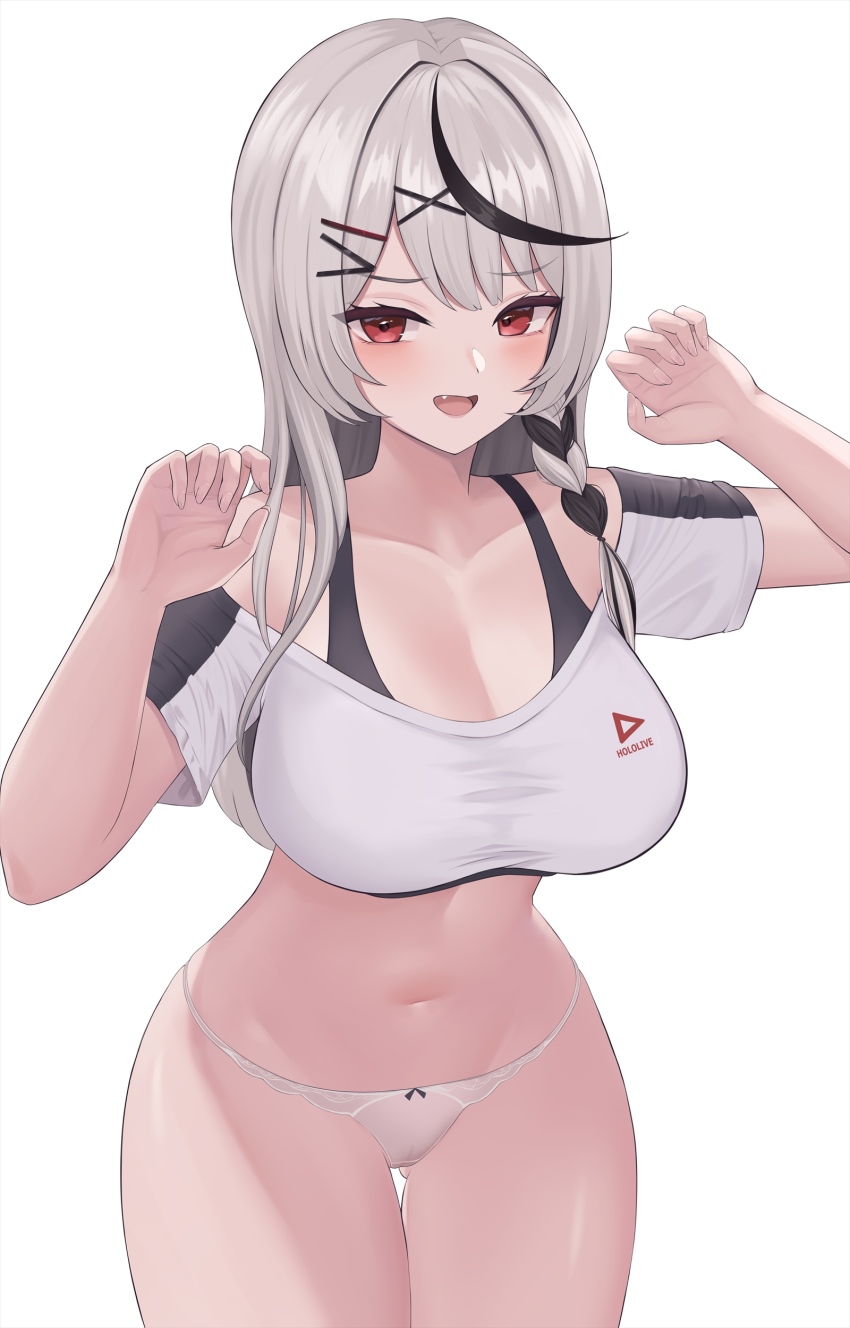 1girl, absurdres, black_hair, blush, bra_strap, braid, breasts, claw_pose