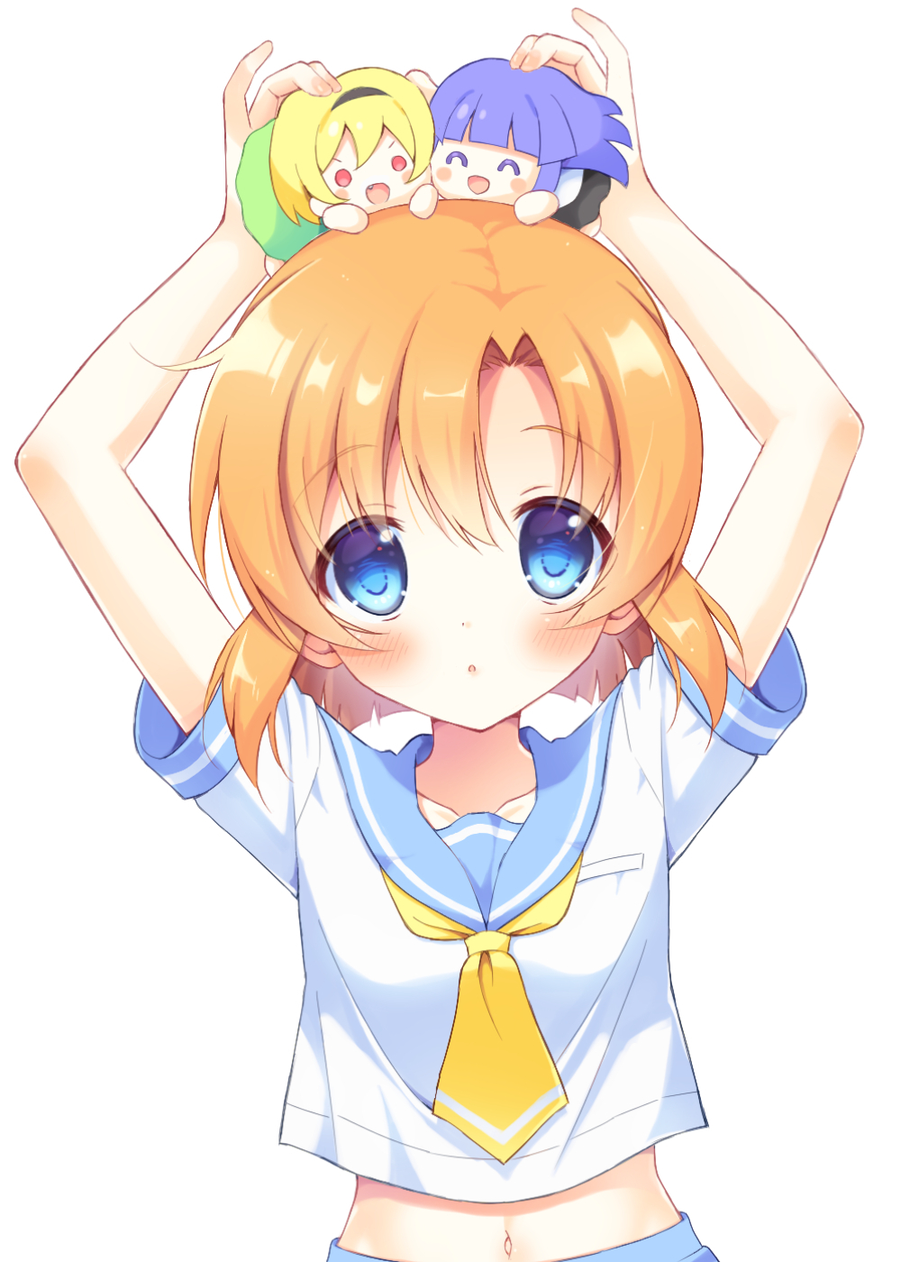 3girls, :d, ^_^, arms_up, ascot, blonde_hair, blue_eyes, blue_hair