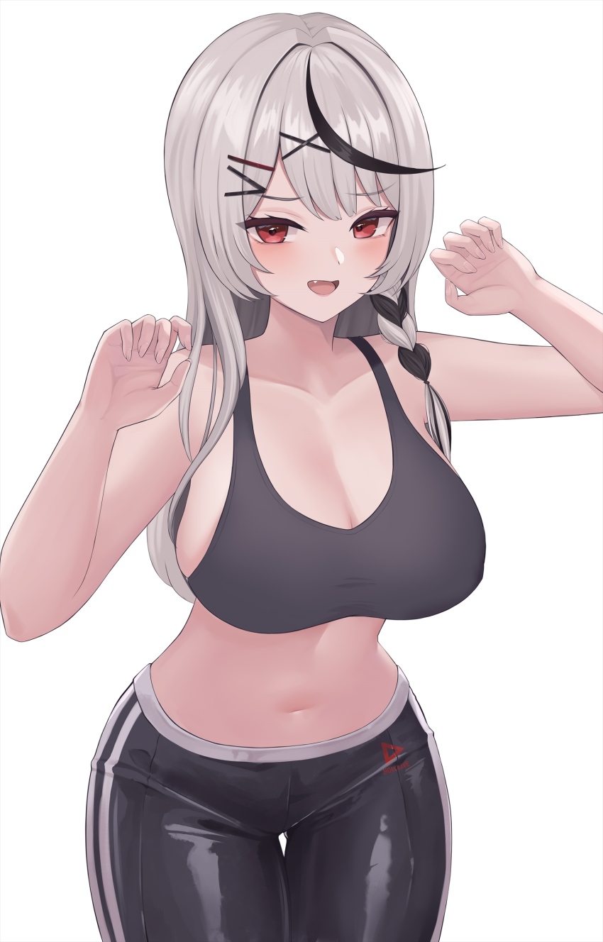 1girl, absurdres, black_hair, black_pants, black_sports_bra, blush, braid, breasts