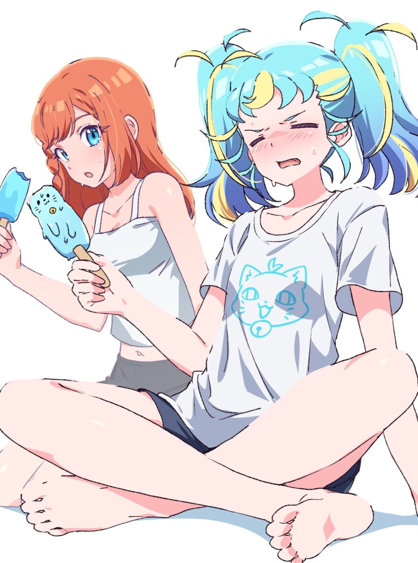2girls, ahoge, bare_shoulders, barefoot, black_shorts, blonde_hair, blue_eyes, blue_hair, blush, braid, breasts, closed_eyes, commentary_request, dolldolldd, fang, feet, food, full_body, furrowed_brow, hibino_matsuri, highres, holding, holding_food, holding_popsicle, hot, indian_style, korean_commentary, long_hair, looking_at_another, melting, midriff, multicolored_hair, multiple_girls, myamu, open_mouth, orange_hair, popsicle, pretty_series, shirt, short_sleeves, shorts, side_braid, simple_background, sitting, small_breasts, streaked_hair, sweatdrop, t-shirt, tank_top, twintails, waccha_primagi!, white_background, white_shirt