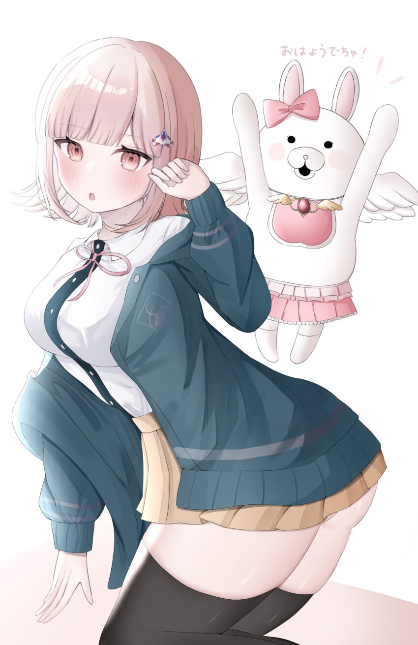 1girl, breasts, brown_hair, brown_skirt, collared_shirt, danganronpa_(series), danganronpa_2:_goodbye_despair, flipped_hair