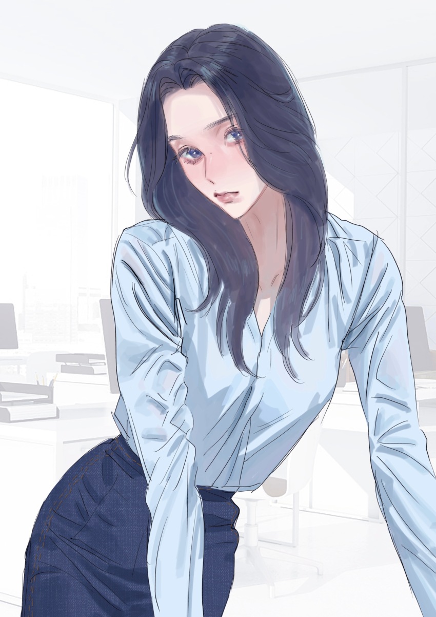 1girl, absurdres, black_hair, blue_eyes, blue_skirt, blush, head_tilt, highres, indoors, jiankangmeizi, k-pop, leaning_forward, long_hair, looking_at_viewer, mina_(twice), mole, mole_on_nose, office, office_lady, pencil_skirt, real_life, shirt_tucked_in, skirt, solo, twice_(group)