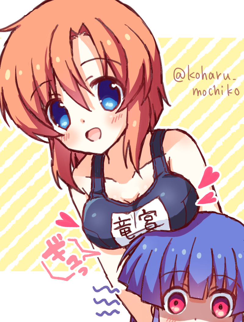 2girls, :d, bare_shoulders, black_one-piece_swimsuit, blue_eyes, blue_hair, blunt_ends, blush