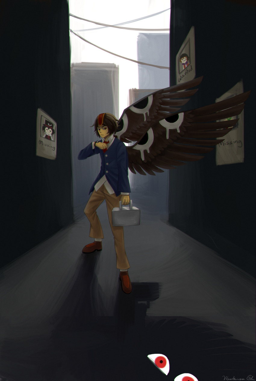 1other, alley, androgynous, asteris-kitsy, blue_jacket, briefcase, brown_hair, brown_pants