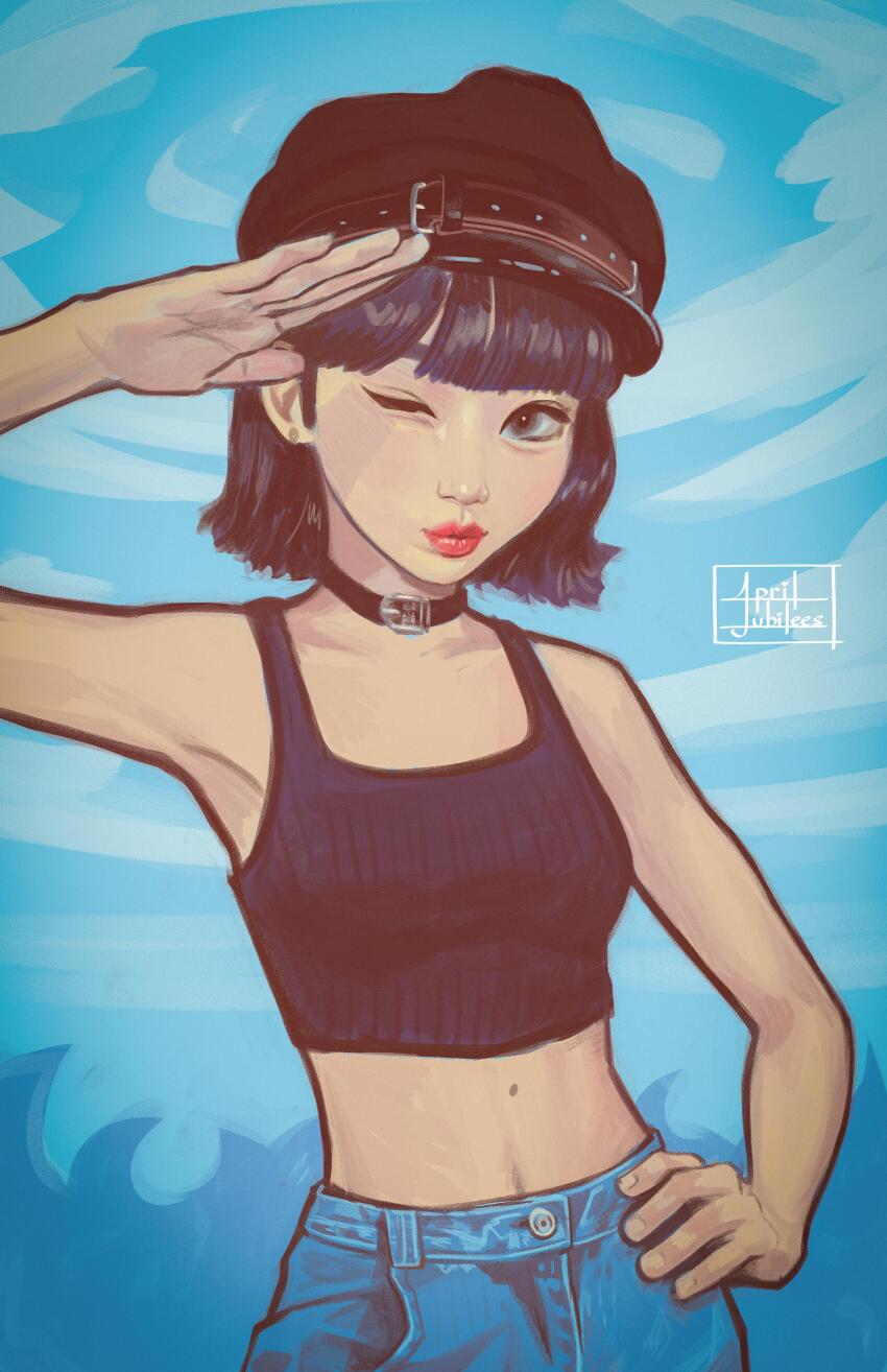 1girl, absurdres, april_jubilees, artist_name, black_collar, black_hat, black_tank_top, blue_pants, breasts, cloud, collar, commentary, denim, english_commentary, grey_eyes, hand_on_own_hip, hat, highres, jeans, k-pop, kim_chaewon, le_sserafim, looking_to_the_side, midriff, mole, mole_on_stomach, navel, one_eye_closed, pants, real_life, red_lips, salute, sky, small_breasts, smile, solo, tank_top, y2k_fashion