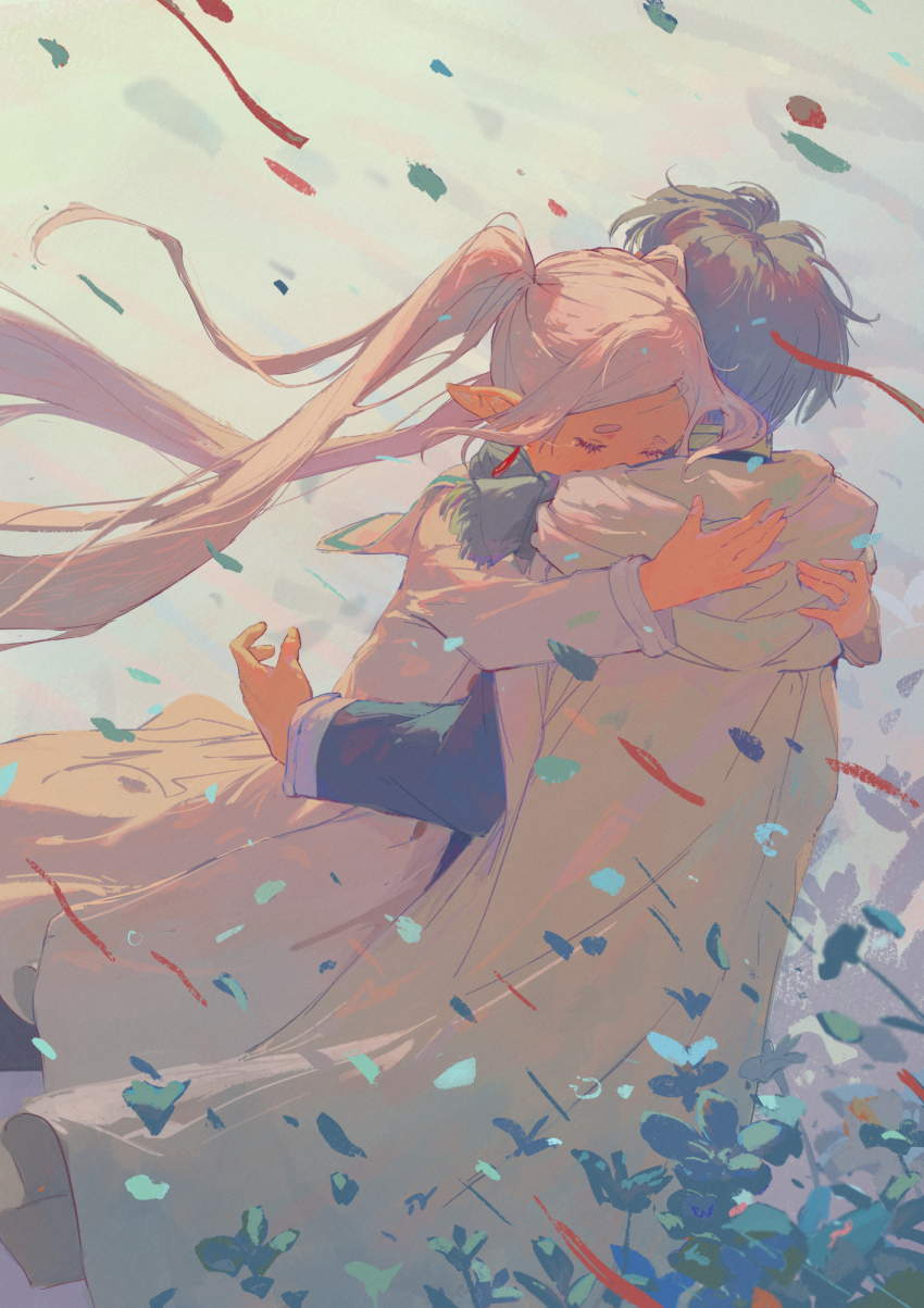 1boy, 1girl, capelet, cloak, dress, earrings, elf, frieren