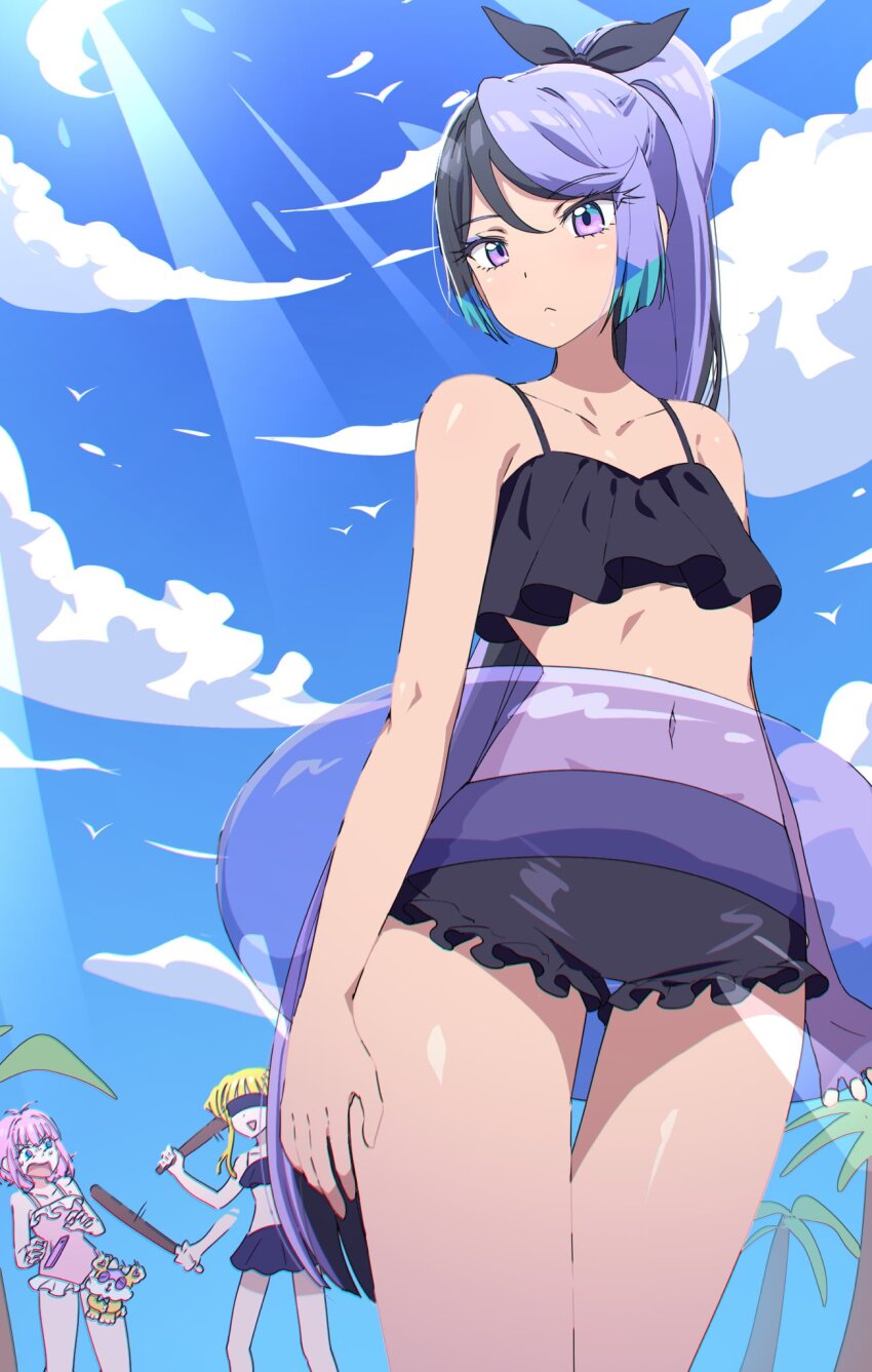 3girls, amauri_miruki, arms_at_sides, bare_shoulders, bikini, black_bikini, black_bow, black_hair