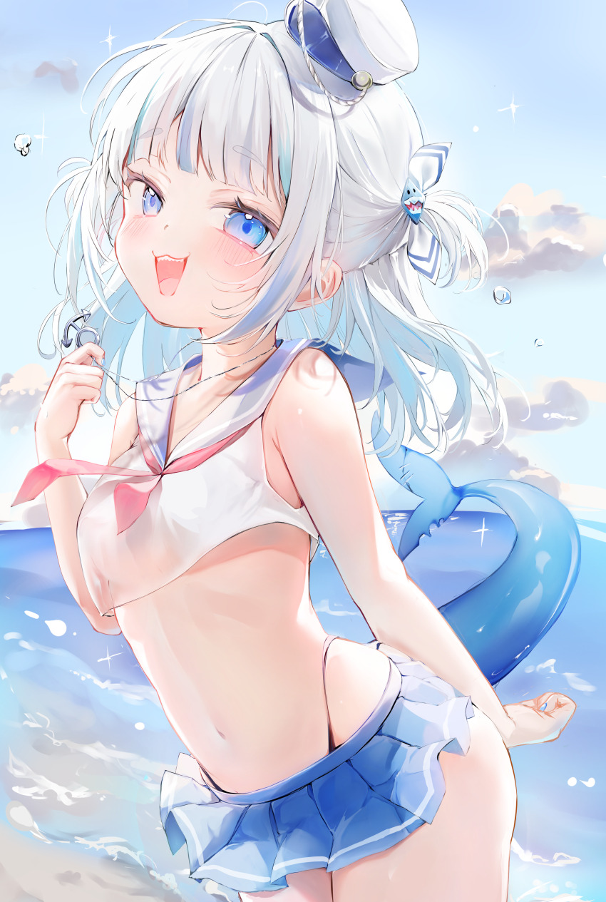 1girl, absurdres, alternate_costume, bare_shoulders, beach, blue_eyes, blue_hair, blue_nails, blue_sailor_collar, blue_skirt, breasts, cloud, cloudy_sky, crop_top, fins, fish_tail, gawr_gura, hair_ornament, hat, highres, hololive, hololive_english, jewelry, medium_hair, midriff, mini_hat, miniskirt, multicolored_hair, navel, open_mouth, panty_straps, pendant, petite, sailor_collar, shark_girl, shark_hair_ornament, shark_tail, sharp_teeth, shirohato_nui, skirt, sky, small_breasts, solo, streaked_hair, tail, teeth, two_side_up, virtual_youtuber, white_hair