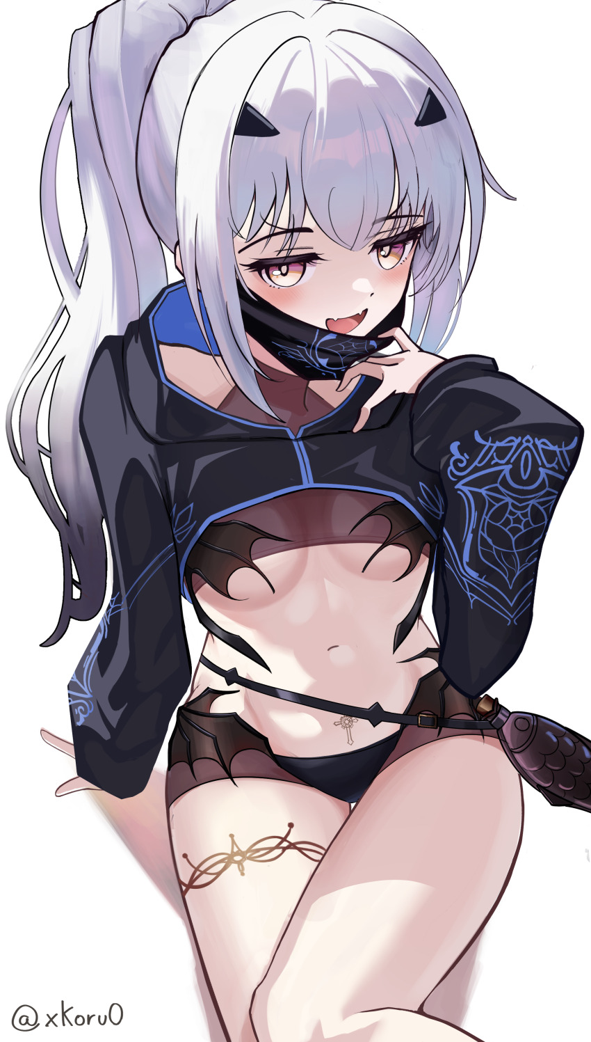 1girl, :d, absurdres, bikini, black_bikini, breasts, core_(rofyx69), fangs, fate/grand_order, fate_(series), fish_bottle, highres, long_sleeves, looking_at_viewer, mask, mask_pull, melusine_(fate), melusine_(swimsuit_ruler)_(fate), melusine_(swimsuit_ruler)_(first_ascension)_(fate), mouth_mask, open_mouth, ponytail, pubic_tattoo, shrug_(clothing), sitting, skin_fangs, small_breasts, smile, solo, swimsuit, tattoo, white_background, yellow_eyes