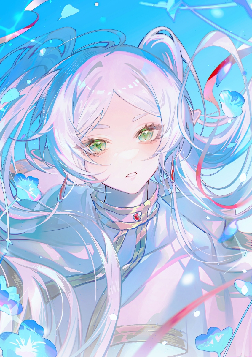 1girl, absurdres, capelet, commentary, commentary_request, earrings, elf, english_commentary