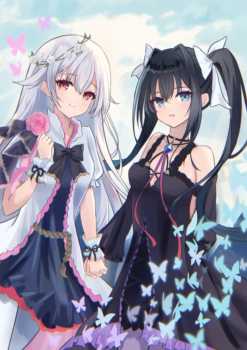 2girls, absurdres, arcaea, bare_shoulders, black_bow, black_hair, blue_eyes, bow, bug, butterfly, choker, commentary_request, flower, hair_bow, head_wreath, highres, hikari_(arcaea), hikari_(reunion)_(arcaea), holding_hands, insect, kasutera_dofu, multiple_girls, pink_flower, pink_rose, red_eyes, rose, smile, tairitsu_(arcaea), tairitsu_(reunion)_(arcaea), twintails, white_bow, white_hair, wrist_cuffs