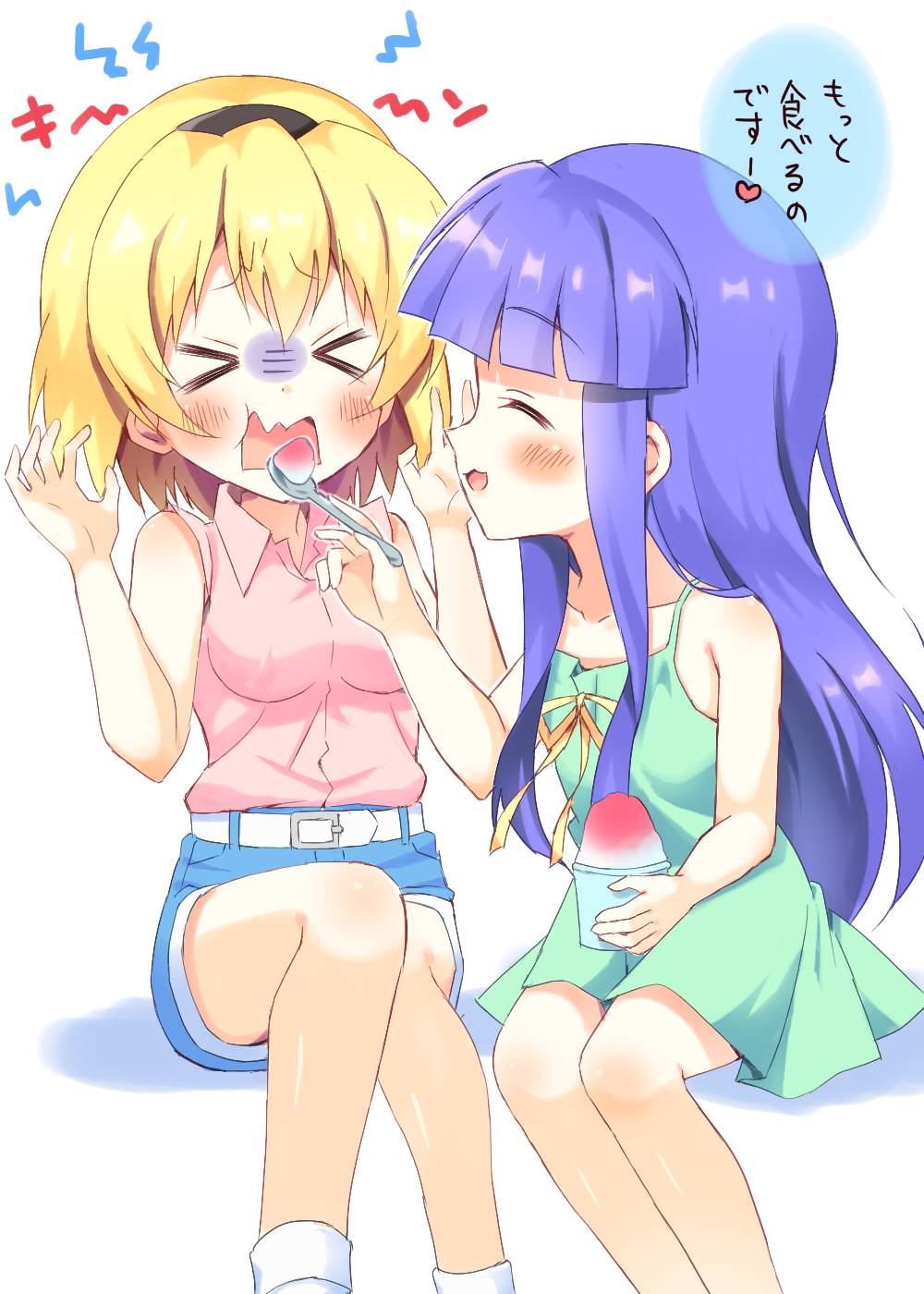 >_<, 2girls, :3, ^_^, bare_arms, black_hairband, blonde_hair, blue_hair