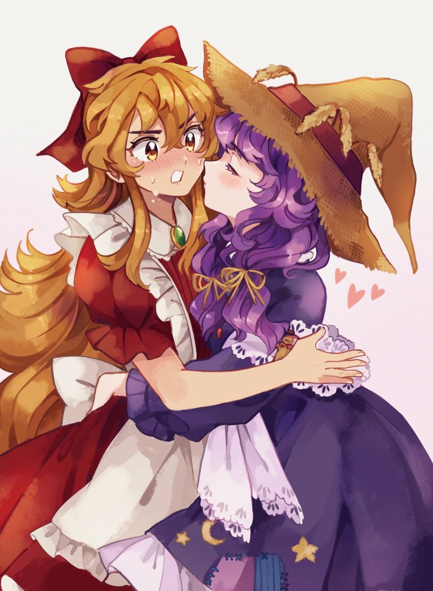 2girls, apron, bow, brooch, closed_eyes, commentary, cowboy_shot, dress, elise_liedl, frilled_sleeves, frills, hair_bow, hat, heart, highres, hug, imminent_kiss, jewelry, lesu2902, little_goody_two_shoes, long_hair, long_sleeves, maid_apron, multiple_girls, nervous_sweating, orange_eyes, orange_hair, parted_lips, puffy_short_sleeves, puffy_sleeves, purple_dress, purple_hair, red_bow, red_dress, rozenmarine_(little_goody_two_shoes), short_sleeves, sidelocks, straw_hat, sweat, very_long_hair, white_apron, witch_hat, yuri