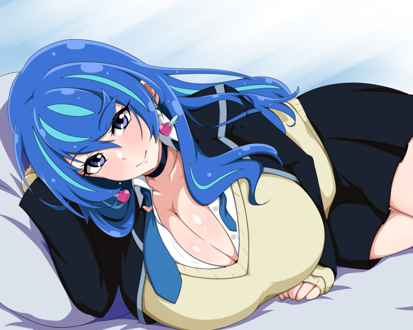 1girl, alternate_breast_size_(larger), alternate_costume, alternate_hairstyle, bed, blazer, blue_angel_(yu-gi-oh!), blue_eyes, blue_hair, breasts, cardigan, choker, cleavage, earrings, heart, heart_earrings, highres, huge_breasts, jabara_tornado, jacket, jewelry, led_(pixiv190491), long_hair, lying, multicolored_hair, on_side, school_uniform, skirt, smile, solo, yu-gi-oh!, yu-gi-oh!_vrains, zaizen_aoi