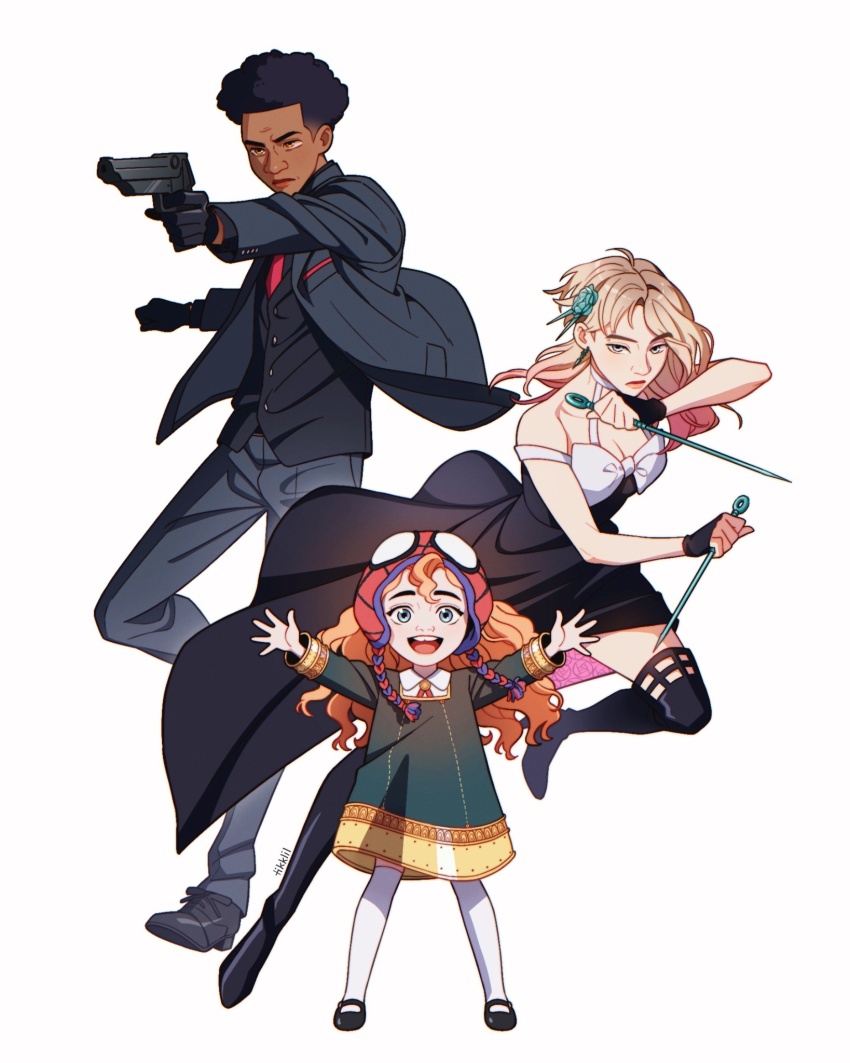 1boy, 2girls, adapted_costume, anya_(spy_x_family), anya_(spy_x_family)_(cosplay), black_dress, black_hair, blonde_hair