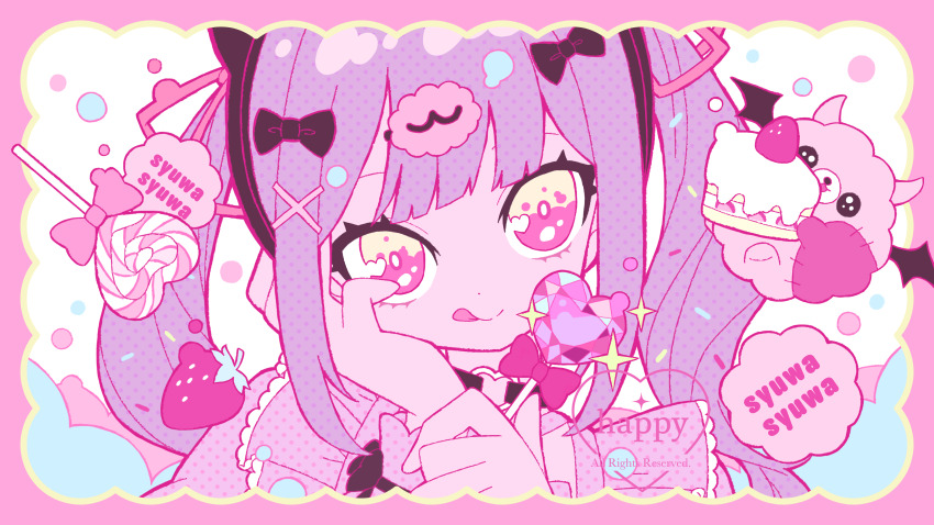 1girl, absurdres, black_bow, black_collar, black_hairband, blunt_bangs, border, bow, cake, cake_slice, candy, cevio, closed_mouth, collar, commentary_request, denonbu, food, fruit, hair_bow, hair_ornament, hair_ribbon, hairband, hand_on_own_cheek, hand_on_own_face, hands_up, happy_(happi_illust), heart_collar, highres, holding, holding_candy, holding_food, holding_lollipop, lollipop, long_hair, looking_at_viewer, pastel_colors, pink_background, pink_border, pink_eyes, pink_ribbon, pink_shirt, pomemori, purple_hair, reml, ribbon, shirt, smile, solo, sparkle, strawberry, tongue, tongue_out, twintails, upper_body, watermark, x_hair_ornament