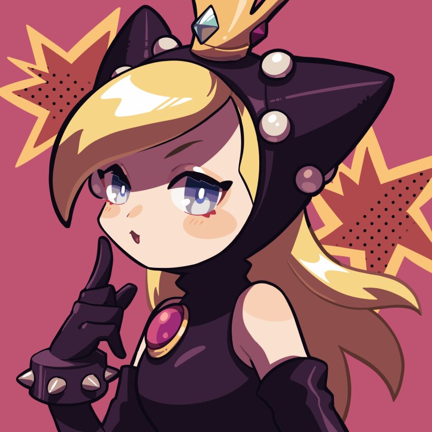 1girl, :3, an-chan_(ananna0315), bare_shoulders, black_dress, black_gloves, blonde_hair, blue_eyes, blush, bracelet, crown, dress, elbow_gloves, gloves, hand_up, highres, hood, hood_up, hooded_dress, index_finger_raised, jewelry, long_hair, looking_at_viewer, mario_(series), mario_power_tennis, mario_tennis, mini_crown, nintendo, pink_background, simple_background, solo, spiked_bracelet, spikes, warupeach