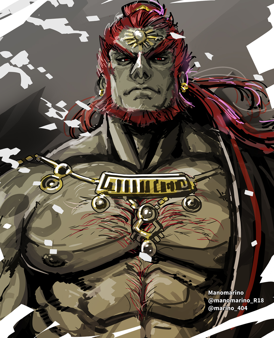 1boy, abs, artist_name, bara, beard, ear_piercing, facial_hair, ganondorf, hairy, large_pectorals, long_hair, looking_at_viewer, male_focus, manly, manomarino, mature_male, muscular, muscular_male, nintendo, nipples, open_clothes, pectorals, piercing, ponytail, red_eyes, red_hair, robe, solo, the_legend_of_zelda, the_legend_of_zelda:_tears_of_the_kingdom, twitter_username, upper_body