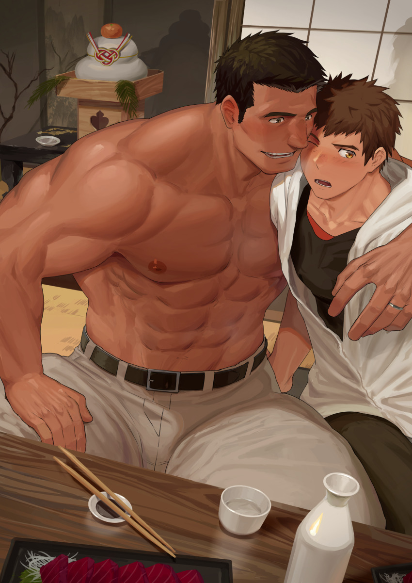 2boys, abs, alcohol, bara, belt, black_belt, black_shirt, blush, brown_pants, choko_(cup), chopsticks, cup, dainyuu_(dgls), fish_(food), food, highres, imminent_fellatio, indoors, jewelry, kagami_mochi, large_pectorals, looking_at_another, male_focus, mamezara, multiple_boys, muscular, muscular_male, navel, nipples, one_eye_closed, open_mouth, original, pants, pectorals, plate, ring, sakazuki, sake, sanbou, sashimi, shirt, smile, soy_sauce, tokkuri, white_pants, yaoi
