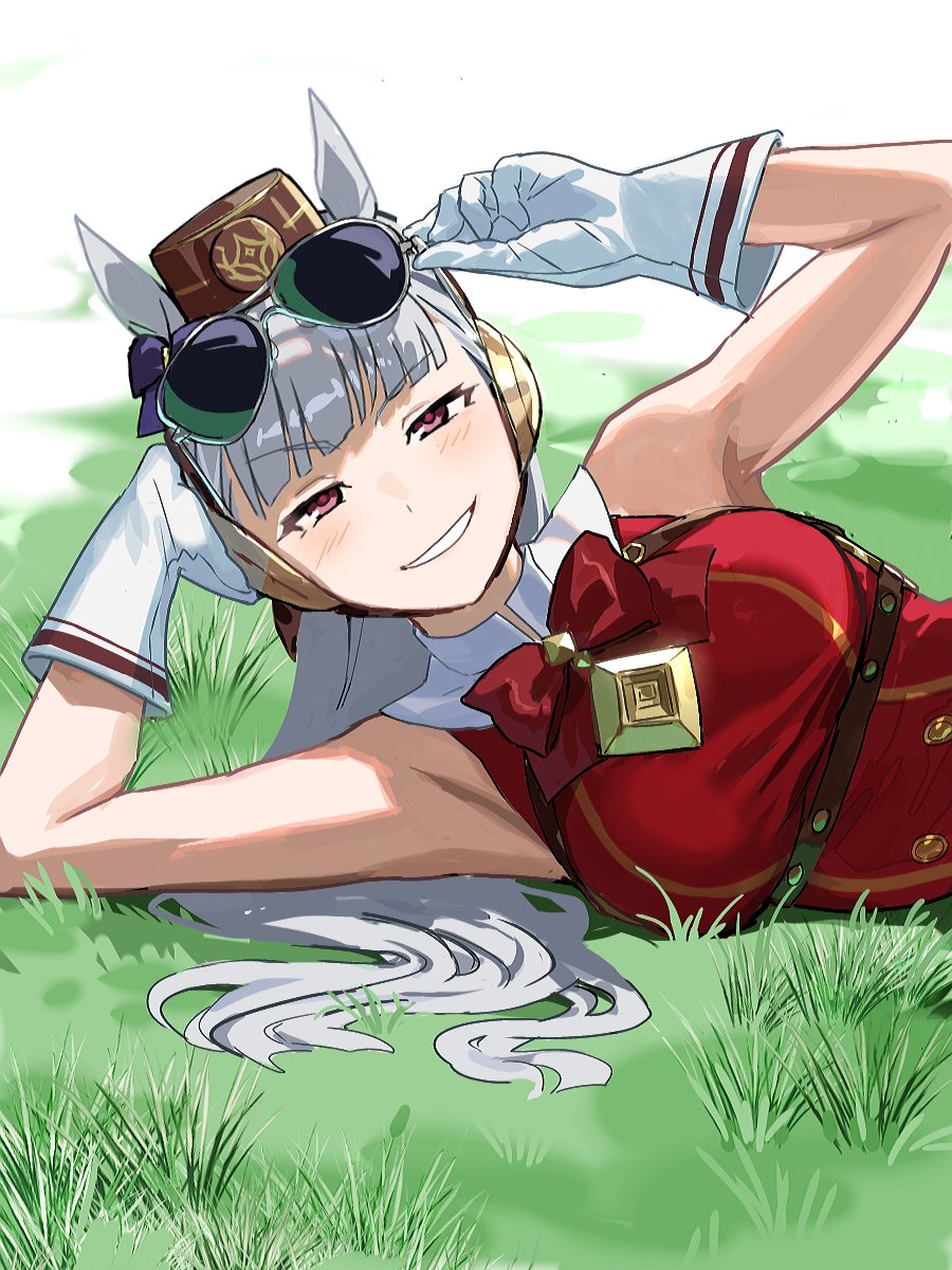 1girl, animal_ears, armpits, arms_up, bare_shoulders, blunt_bangs, blush, bow, bowtie, breasts, brown_headwear, ear_bow, eyewear_on_head, gloves, gold_ship_(umamusume), gold_trim, grass, grey_hair, highres, horse_ears, horse_girl, koppe_koppe, long_hair, looking_at_viewer, lying, medium_breasts, on_ground, on_side, outdoors, pillbox_hat, purple_bow, red_bow, red_bowtie, red_eyes, sleeveless, smile, smug, solo, sunglasses, umamusume, upper_body, white_gloves