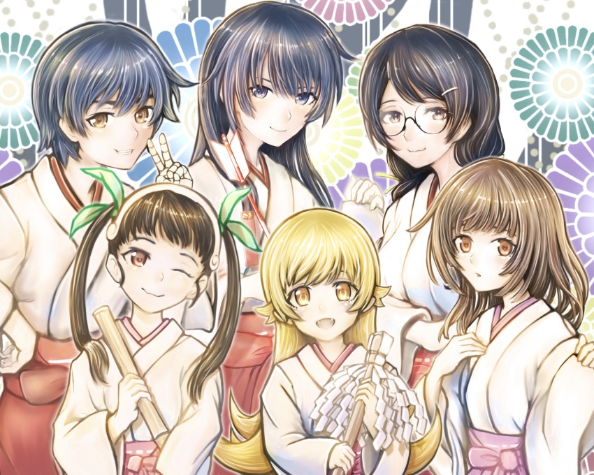 6+girls, alternate_costume, alternate_hair_color, bandaged_arm, bandaged_hand, bandages, black-framed_eyewear, black_hair, blonde_hair, blue_eyes, blue_hair, braid, breasts, brown_eyes, closed_mouth, cowboy_shot, eyelashes, fangs, floral_background, glasses, green_ribbon, hachikuji_mayoi, hair_ornament, hair_over_shoulder, hair_ribbon, hairband, hairclip, hakama, hakama_skirt, hand_up, hands_up, hanekawa_tsubasa, highres, holding, japanese_clothes, kanbaru_suruga, kimono, large_breasts, long_hair, long_sleeves, looking_at_viewer, medium_breasts, miko, monogatari_(series), multiple_girls, one_eye_closed, oshino_shinobu, parted_bangs, parted_lips, pink_sash, red_eyes, red_hakama, red_sash, ribbon, ribbon_trim, sash, sengoku_nadeko, senjougahara_hitagi, short_hair, sidelocks, skirt, sleeves_past_wrists, smile, swept_bangs, tsukihi_shida, twin_braids, twintails, upper_body, v, white_hairband, white_kimono, wide_sleeves, yellow_eyes