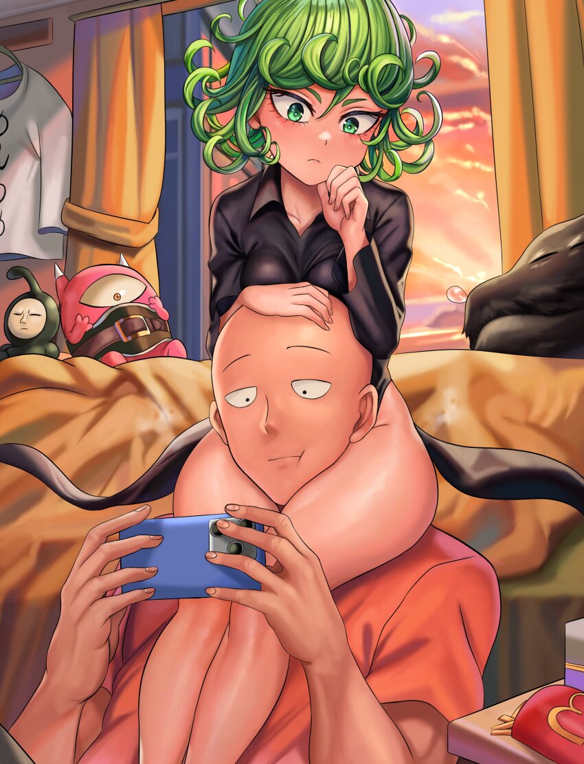 1boy, 1girl, absurdres, bald, bare_legs, between_thighs, black_dress, breasts, carrying, day, dress, food, french_fries, green_eyes, green_hair, high_heels, highres, indoors, leg_lock, manako_(one-punch_man), mcdonald's, one-punch_man, rkrk12, saitama_(one-punch_man), short_hair, shoulder_carry, small_breasts, tatsumaki