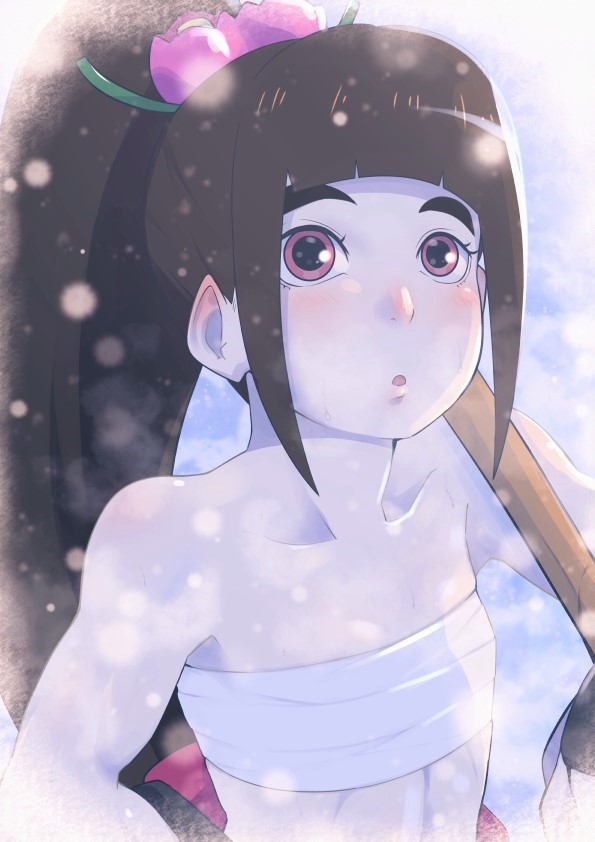 1girl, blunt_bangs, bokken, boruto:_naruto_next_generations, brown_hair, chest_sarashi, eeshin_(eishin5584), flat_chest