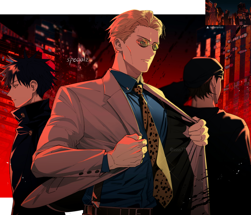 3boys, animal_print, back, black_hair, black_shirt, blonde_hair, blue_shirt, city