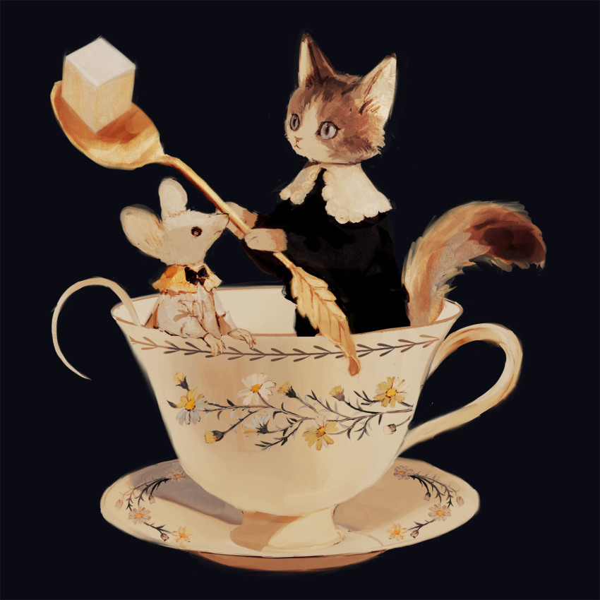 animal, animal_focus, black_background, black_shirt, brown_eyes, cat, closed_mouth, clothed_animal, collar, collared_shirt, commentary, commentary_request, cup, english_commentary, flower, frilled_shirt_collar, frills, from_side, full_body, gold_spoon, grey_eyes, highres, holding, holding_spoon, in_container, in_cup, leaf_cutlery, leaf_spoon, looking_at_another, mini_person, minimized, mouse_(animal), no_humans, original, porcelain, saucer, shirt, simple_background, spoon, sugar_cube, teacup, tono_(rt0no), undersized_animal, white_collar, white_flower, yellow_collar, yellow_flower