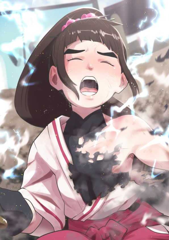 1girl, battle, black_shirt, blunt_bangs, boruto:_naruto_next_generations, brown_hair, closed_eyes, day, eeshin_(eishin5584), electrocution, flat_chest, japanese_clothes, kimono, kurogane_tsubaki, long_hair, naruto_(series), open_mouth, outdoors, pain, ponytail, saliva, shirt, sidelocks, solo, thick_eyebrows, torn_clothes