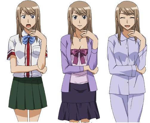 00s, 3girls, blonde_hair, bow, brown_eyes, brown_hair, closed_eyes, costume_chart
