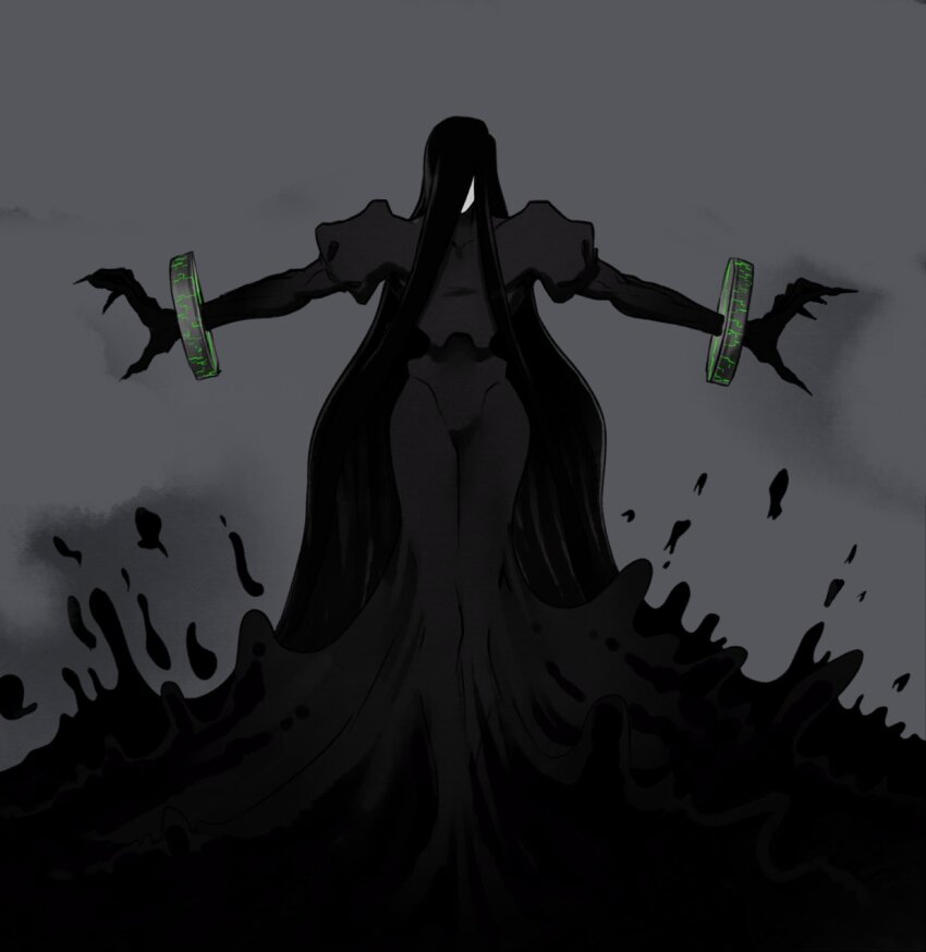 1boy, abyss, black_dress, black_hair, black_liquid, cuffs, dizzyspells, dress