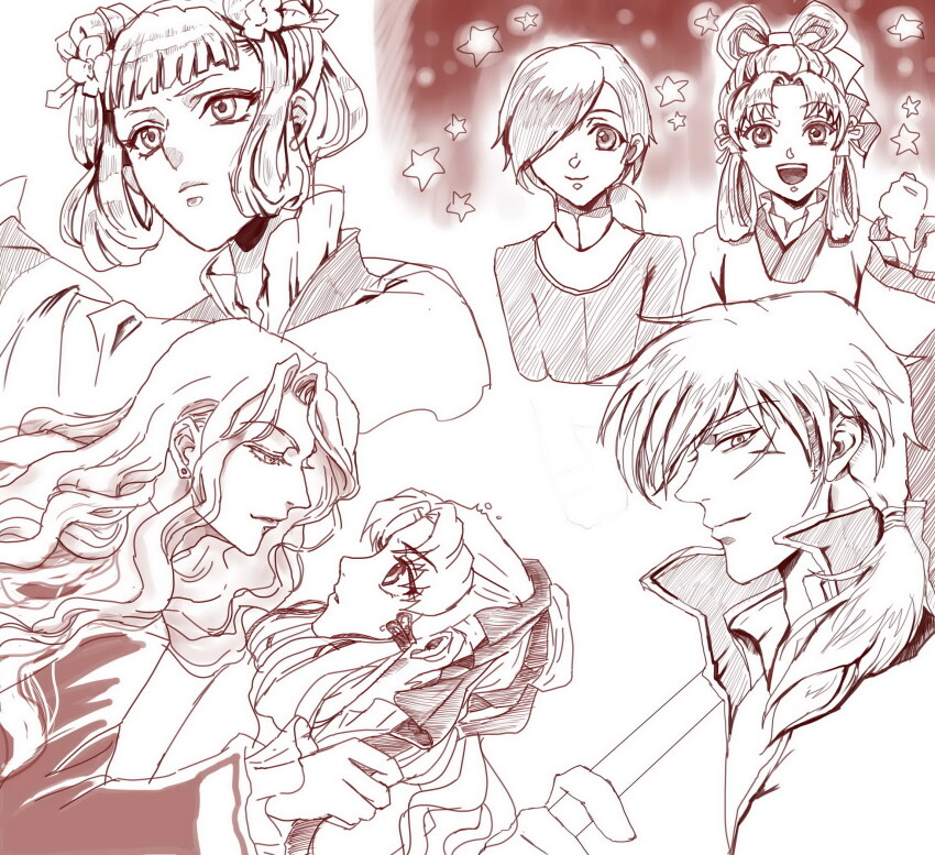 2girls, 3boys, bishounen, chinese_clothes, cross_scar, earrings, eye_contact, hair_over_one_eye