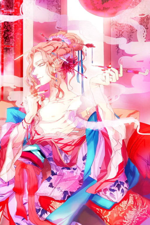 1boy, bishounen, chinese_clothes, hair_ornament, hair_stick, hair_up, indoors, kiseru, male_focus, nike_(1214jasmine), nipples, pink_hair, playing_with_own_hair, red_nails, sa_sakujun, saiunkoku_monogatari, smoke, smoking, smoking_pipe, solo