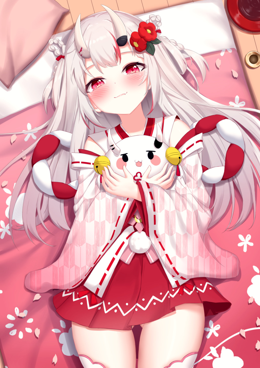 1girl, blush, fang, gradient_hair, grey_hair, hair_ornament, highres, hololive