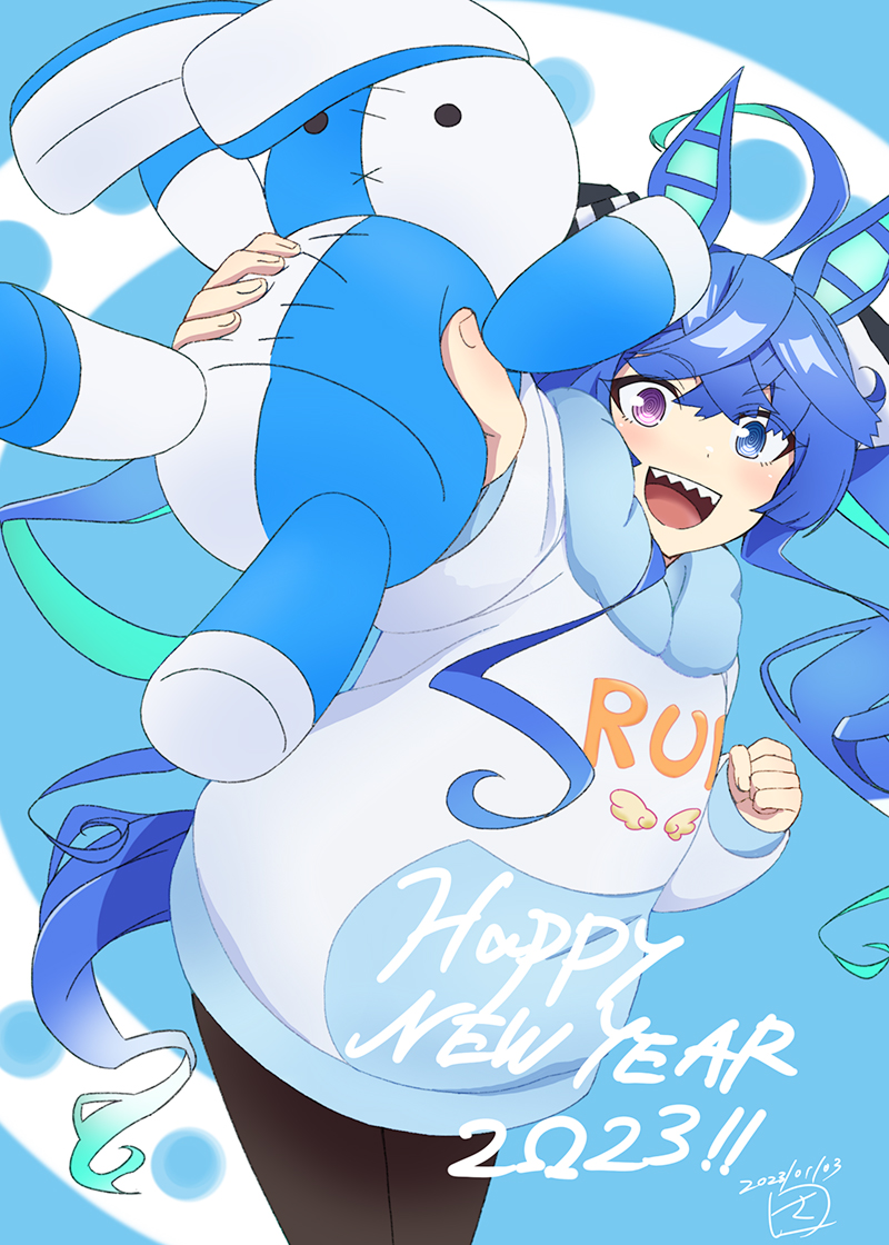 1girl, :d, @_@, ahoge, animal_ears, aqua_hair, black_pantyhose, blue_background, blue_eyes, blue_hair, bow, clenched_hand, commentary, commentary_request, cowboy_shot, crossed_bangs, dated, english_commentary, hair_bow, happy_new_year, heterochromia, holding, holding_stuffed_toy, hood, hoodie, horse_ears, horse_girl, horse_tail, light_blush, long_hair, long_sleeves, looking_at_viewer, mixed-language_commentary, multicolored_hair, new_year, official_alternate_costume, open_mouth, outstretched_arm, pantyhose, purple_eyes, sharp_teeth, sidelocks, signature, smile, solo, stuffed_animal, stuffed_rabbit, stuffed_toy, tail, teeth, tsukishiros, twin_turbo_(umamusume), twintails, two-tone_hair, umamusume, upper_teeth_only, white_hoodie