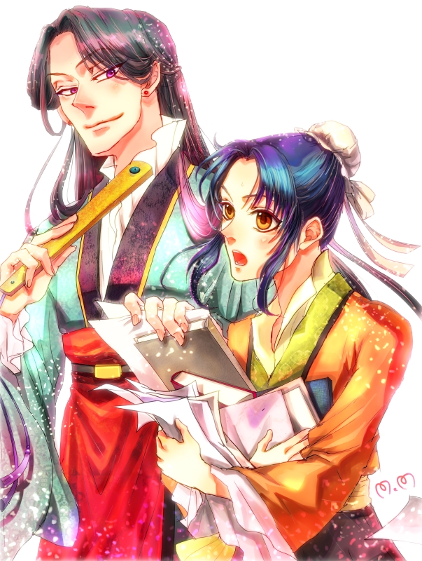 1boy, 1girl, :o, blue_hair, bun_cover, chinese_clothes, earrings, folding_fan, hand_fan, holding, holding_fan, holding_paper, jewelry, kou_reishin, kou_shuurei, long_hair, looking_at_another, nike_(1214jasmine), orange_eyes, paper, purple_eyes, saiunkoku_monogatari, sidelocks, stud_earrings, white_background, wide_sleeves
