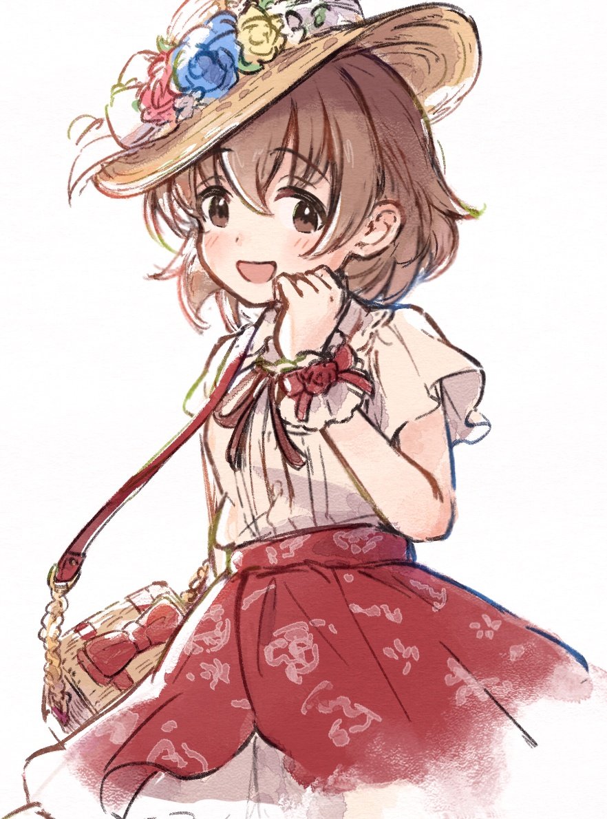 1girl, bag, blush, brown_eyes, brown_hair, brown_hat, commentary, flower