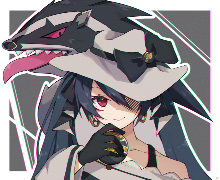 1girl, bare_shoulders, black_bow, black_gloves, black_ribbon, blue_hair, border, bow, closed_mouth, collarbone, commentary, dark_miku_(project_voltage), dress, earrings, gen_8_pokemon, gloves, hair_between_eyes, hair_ribbon, hand_up, hat, hat_bow, hatsune_miku, highres, holding, holding_poke_ball, jewelry, long_hair, long_sleeves, looking_at_viewer, luxury_ball, nintendo, obstagoon, outside_border, poke_ball, pokemon, pokemon_(creature), project_voltage, rageno0000, red_eyes, ribbon, shaded_face, sharp_teeth, smile, teeth, tongue, tongue_out, twintails, vocaloid, white_border, white_dress, white_headwear