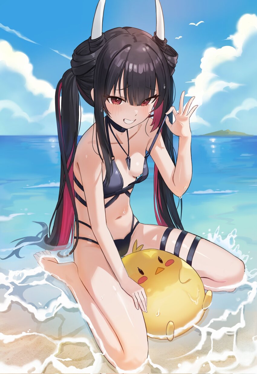 1girl, azur_lane, baby_animal, bare_shoulders, barefoot, beach, bikini, bikini_pull, bird, black_bikini, black_choker, black_hair, blue_sky, blush, breasts, chick, choker, clothes_pull, cloud, cloudy_sky, collarbone, colored_inner_hair, hair_between_eyes, hand_up, hatsuzuki_(august's_first_romance)_(azur_lane), hatsuzuki_(azur_lane), henem416, highres, horns, long_hair, looking_at_viewer, manjuu_(azur_lane), multicolored_hair, navel, ocean, official_alternate_costume, open_mouth, outdoors, red_eyes, red_hair, sand, seagull, sitting, sky, small_breasts, smile, stomach, swimsuit, thigh_strap, toes, twintails, water, waves